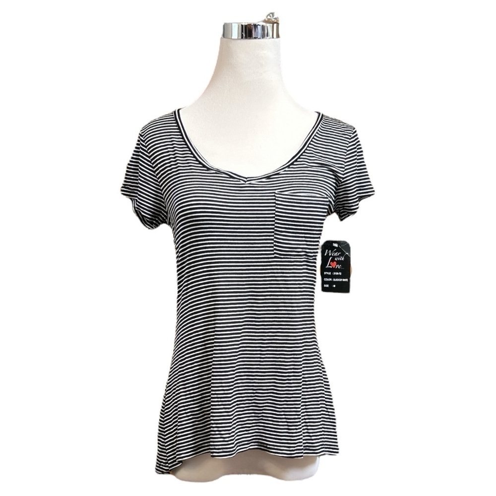 Nwt Splash Women's Striped Tee Shirt Top Black White Pocket Size Medium